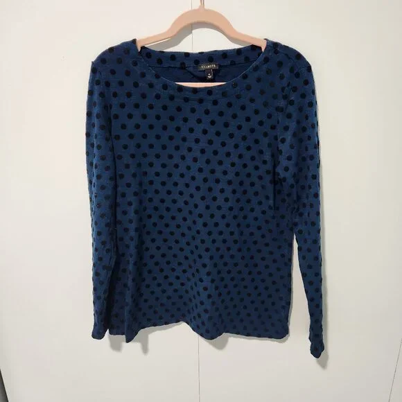Talbots Women's Blue Top with Black Velvet Polka Dots Long Sleeve Shirt Medium - Picture 1 of 3